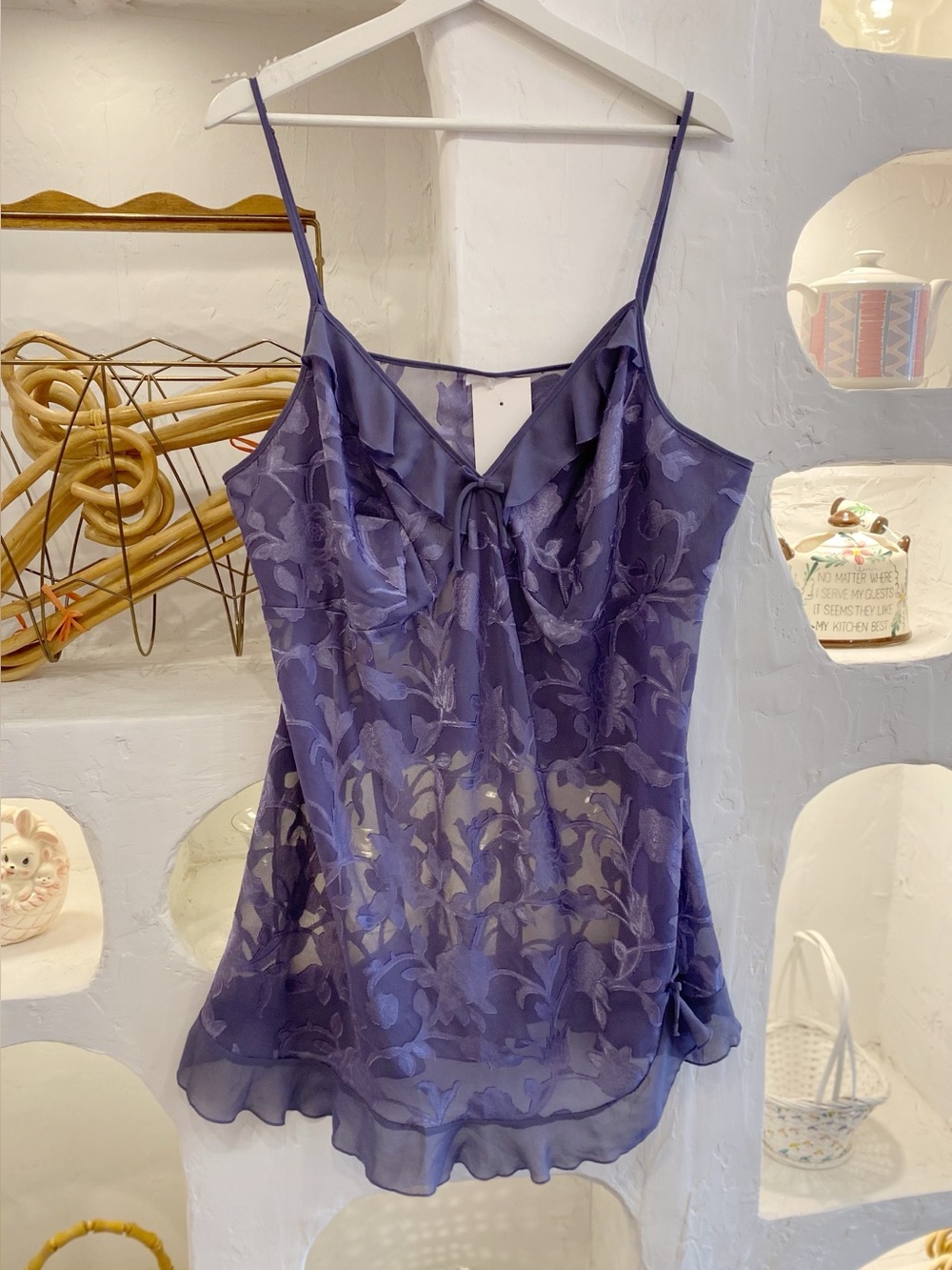 Sheer Floral Lace Spaghetti Strap Lingerie Slip Dress with Ruffled V Neck